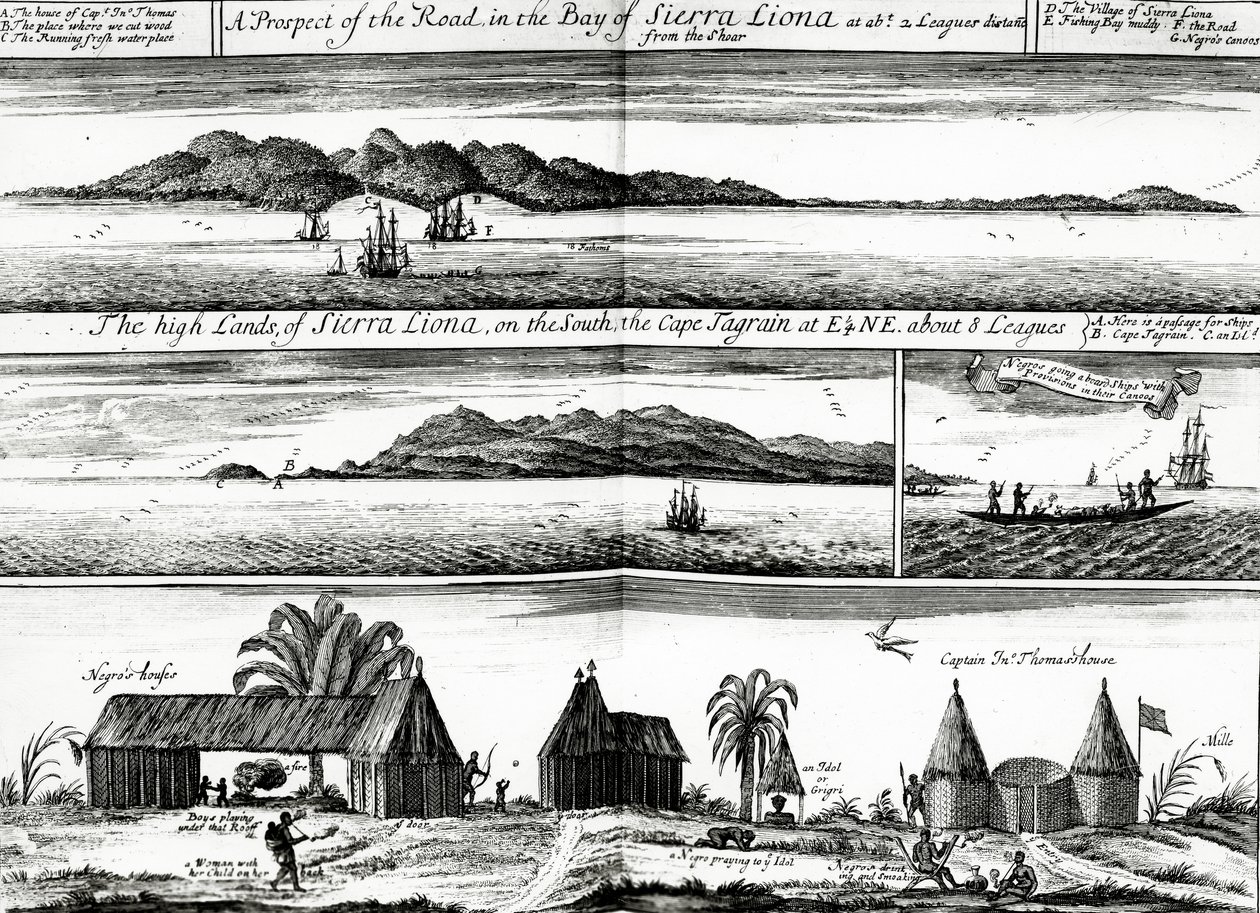 A Prospect of the Road in the Bay of Sierra Liona, esimerkki osasta 5 Awnsham ja John Churchillin teoksesta "A Collection of Voyages and Travels", julkaistu vuonna 1732 tekijältä Johannes Kip