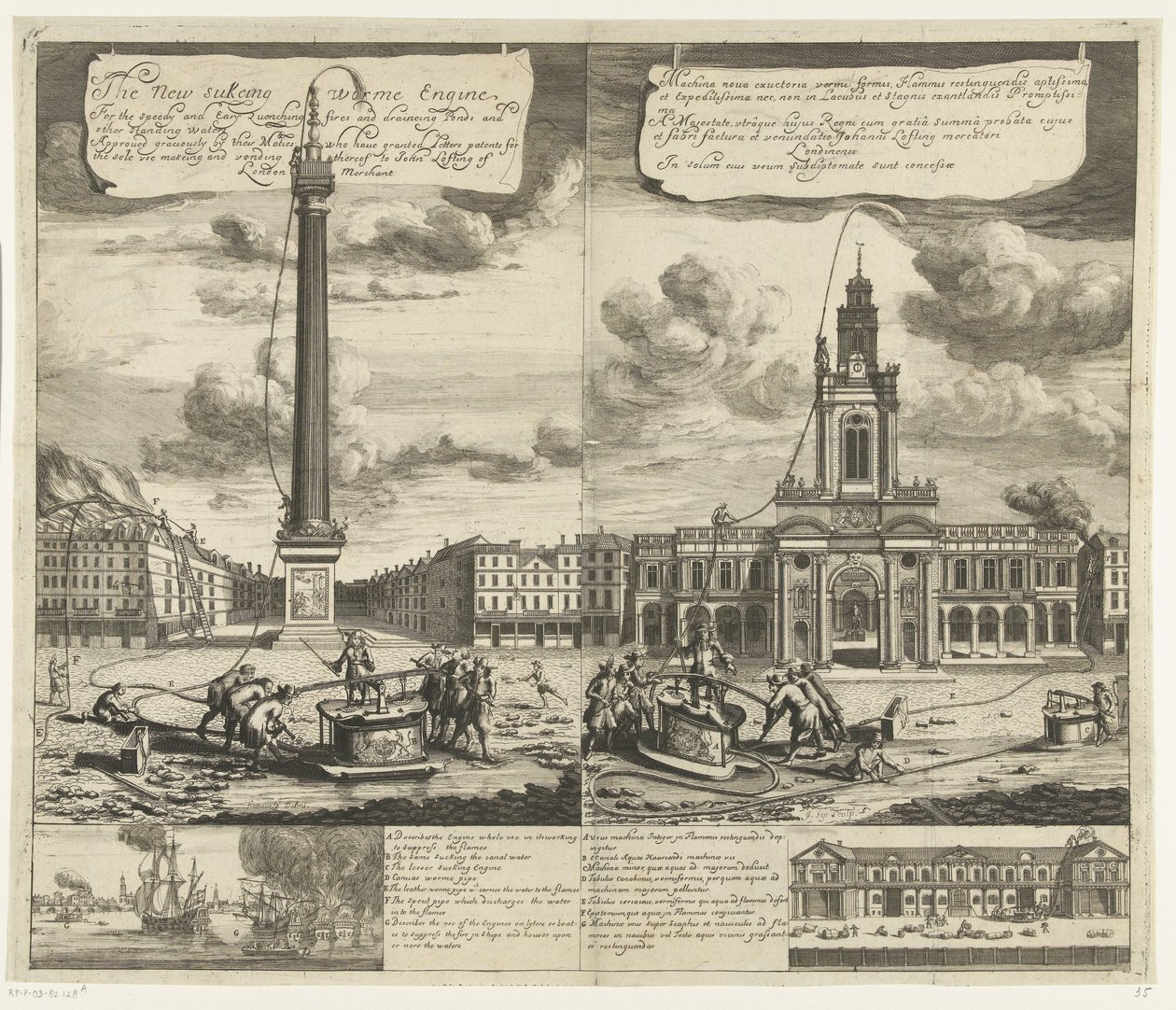 Gebruik van de slangbrandspuiten Lontoossa, n. 1690-1700 Uusi sukeing matomoottori Palojen nopeaan ja helppoon sammuttamiseen sekä lampien ja muiden seisovien vesien tyhjentämiseen (...) (otsikko esineessä) Machina nova exuctoria vermi: formis Flammis rest tekijältä Johannes Kip