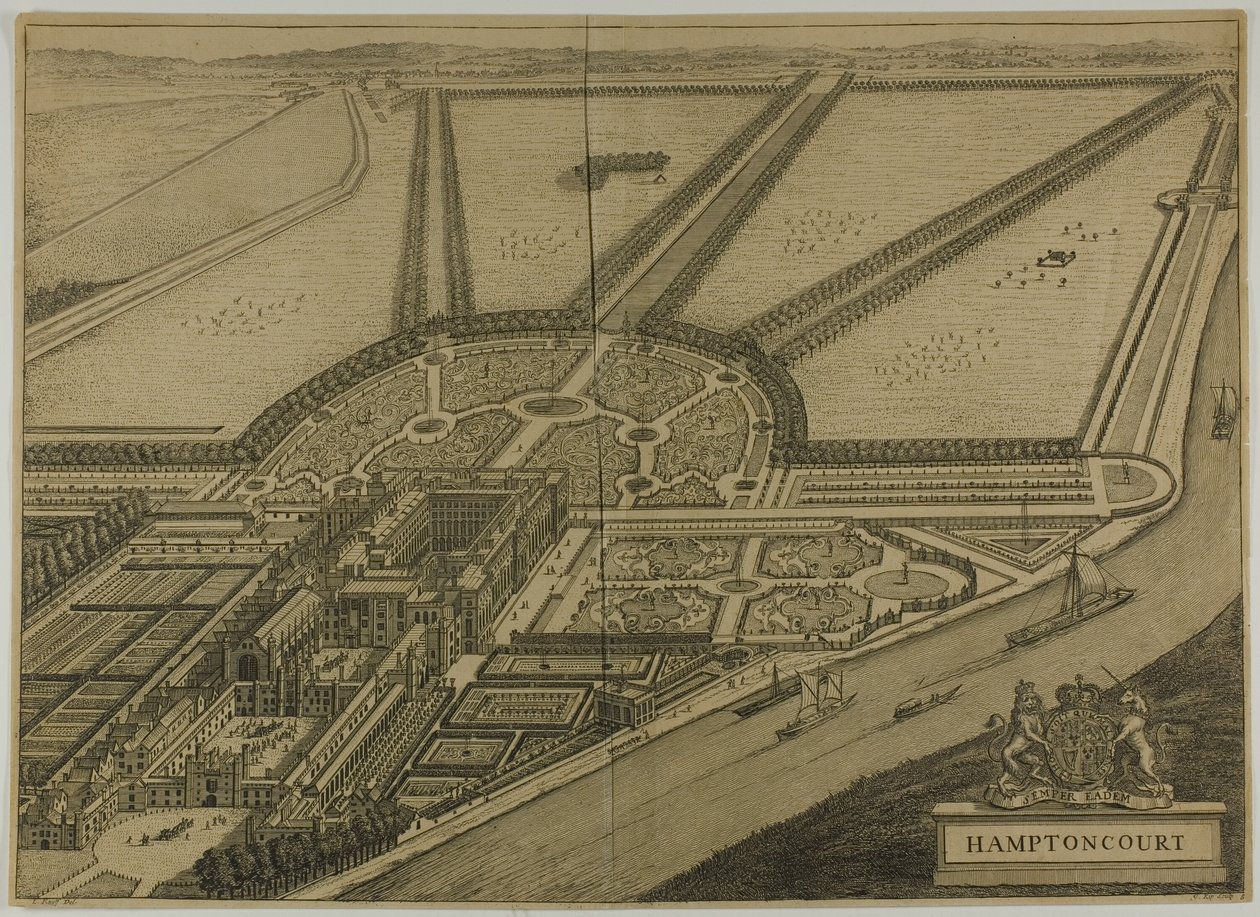 Hampton Court, levy kuusi Britannia Illustratasta tekijältä Johannes Kip