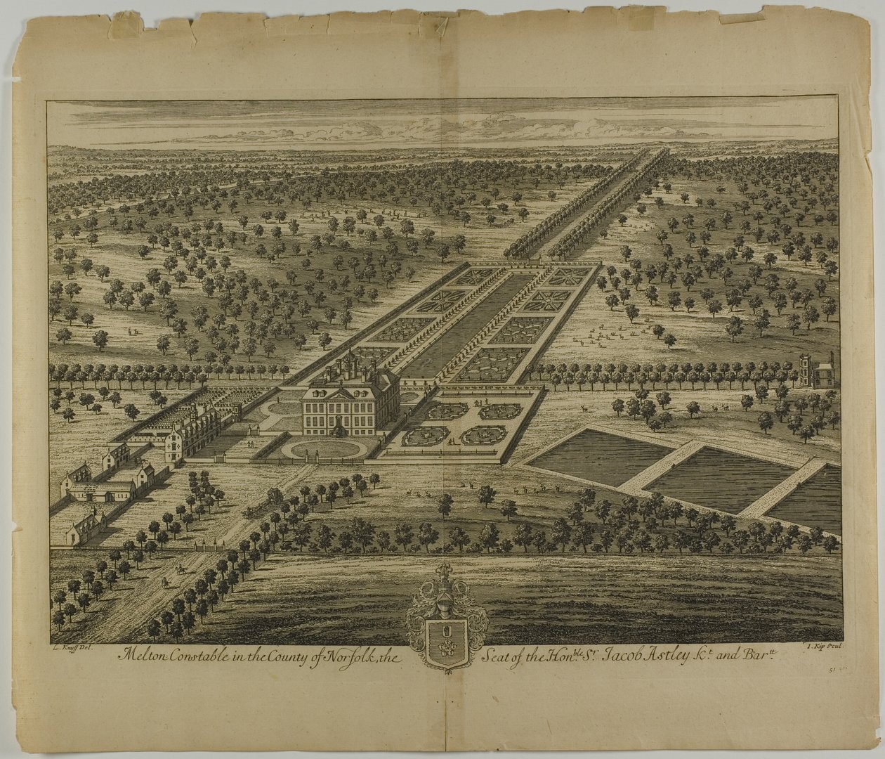 Melton Constable Norfolkin kreivikunnassa, levy 51, Britannia Illustrata tekijältä Johannes Kip