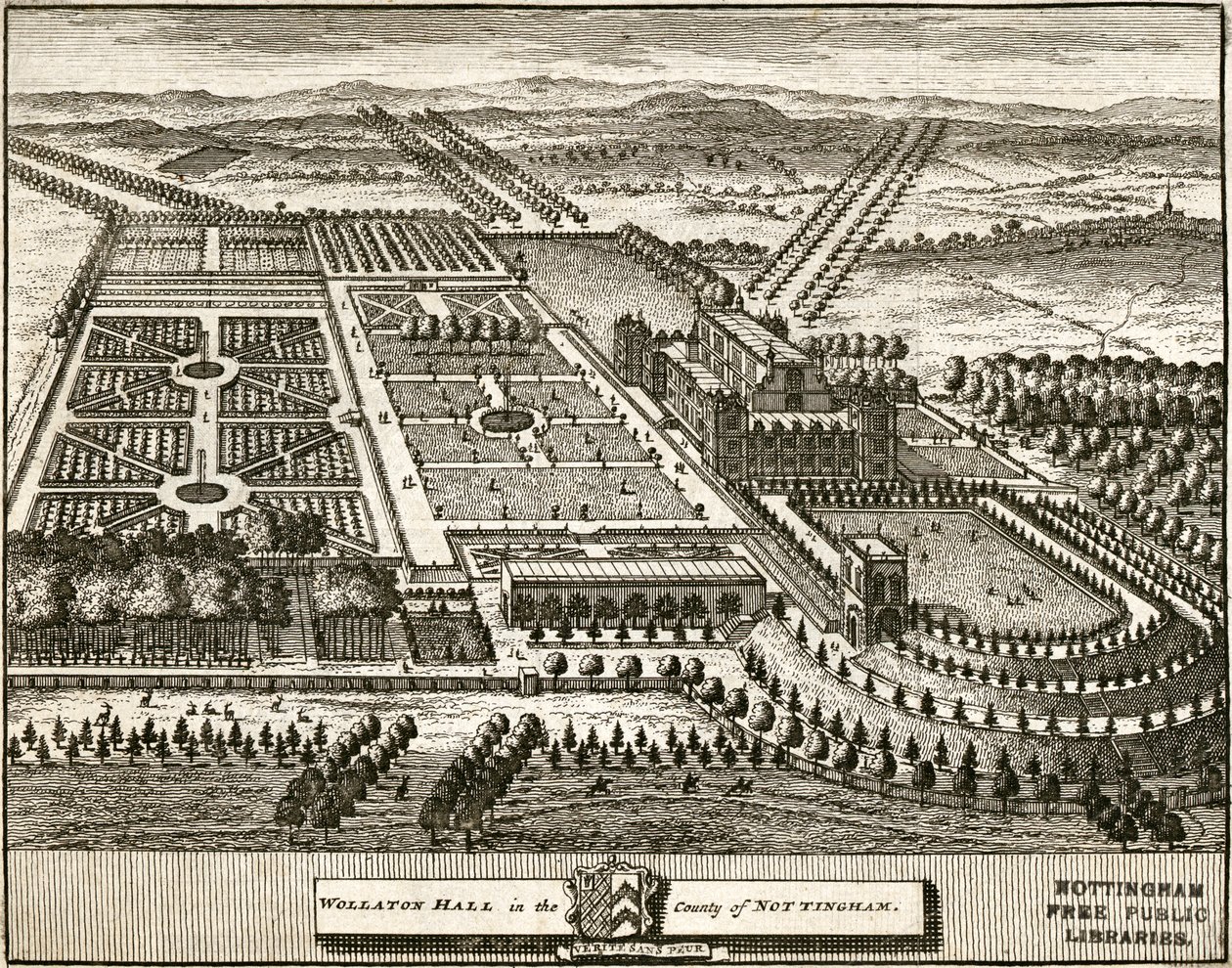 Wollaton Hall ja Park Nottingham, Nottinghamshire, c1707 tekijältä Johannes Kip
