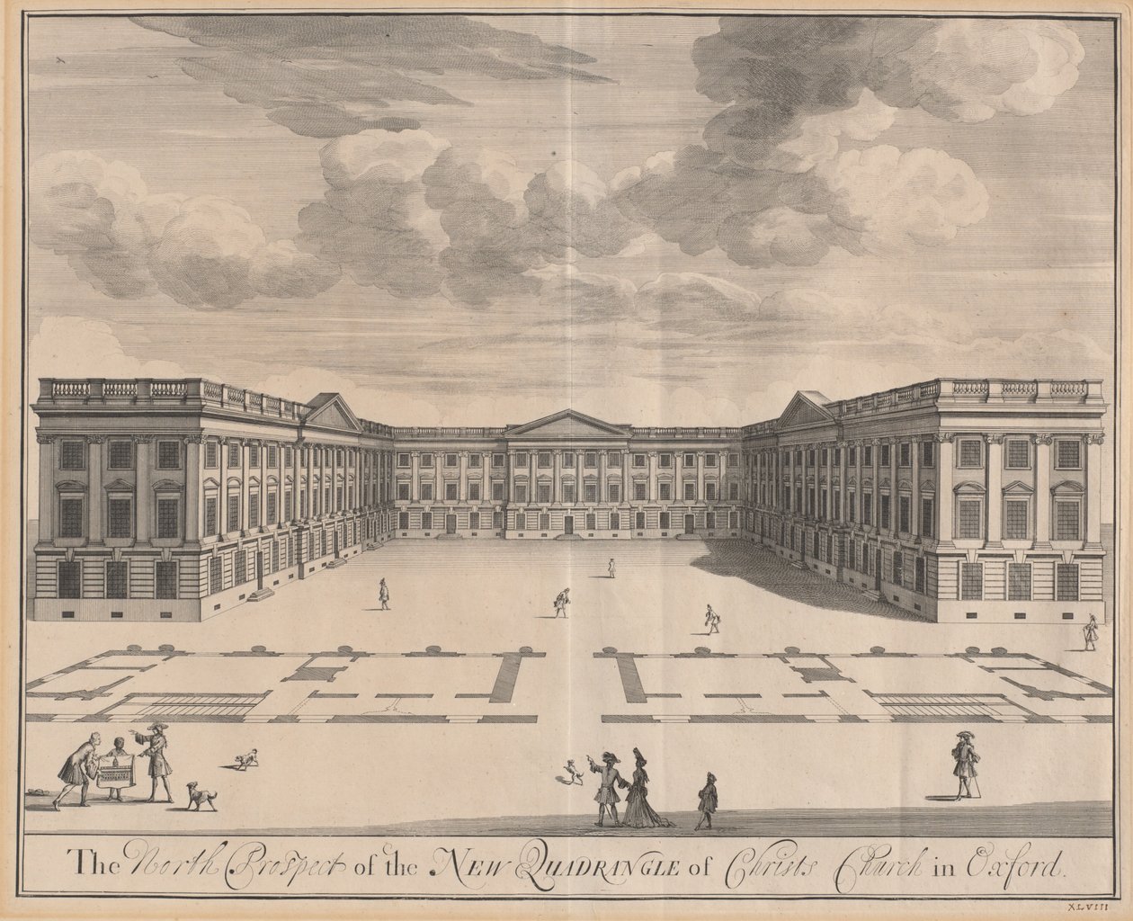 Oxfordin New Quadrangle of Christ -kirkon pohjoinen näkymä tekijältä Johannes Kip after Leendert Knijff