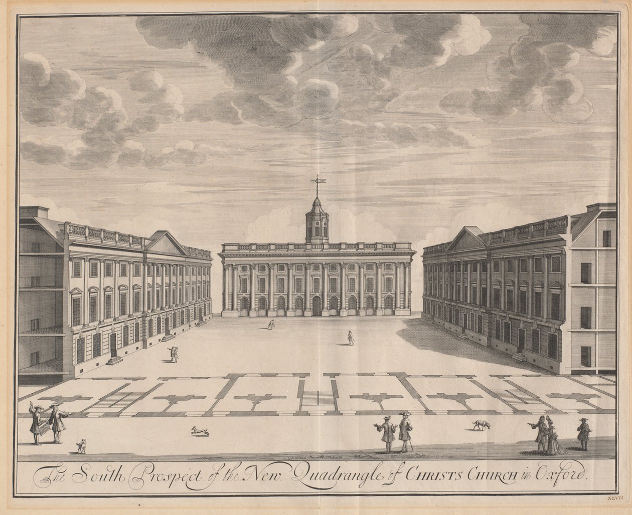 Oxfordin New Quadrangle of Christ -kirkon etelänäkymä tekijältä Johannes Kip after Leendert Knijff