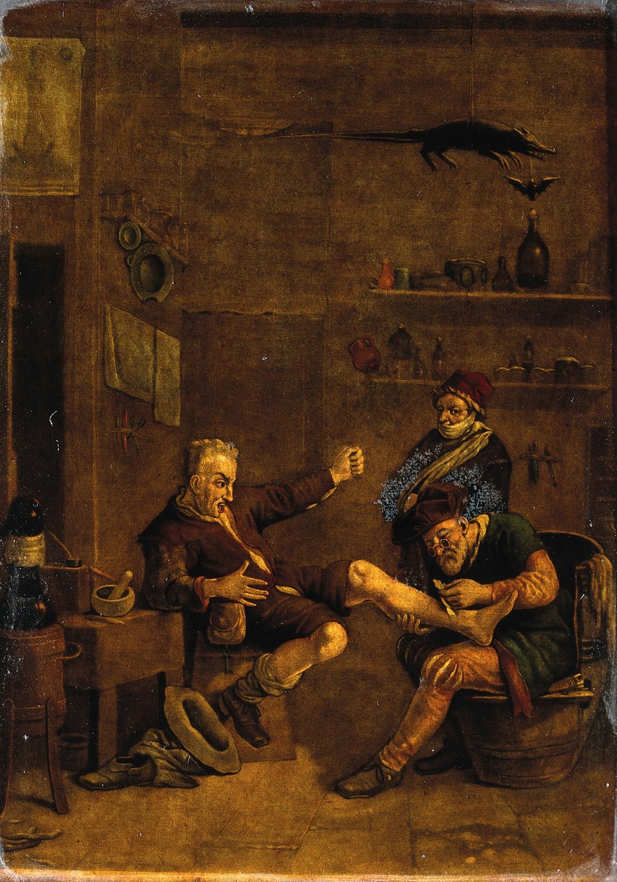 Kirurgi hoitaa miehen jalkaa. Mezzotint-tekniikalla tehty kuva, joka perustuu Johannes Lingelbachille omistettuun teokseen. tekijältä Johannes Lingelbach