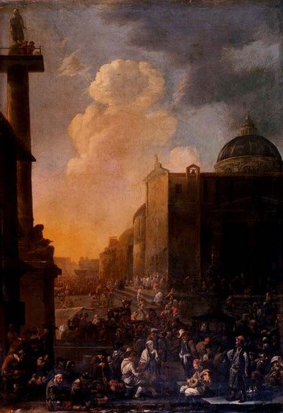 Capriccio Näkymä Roman Piazzalle (öljy paneelille) tekijältä Johannes Lingelbach