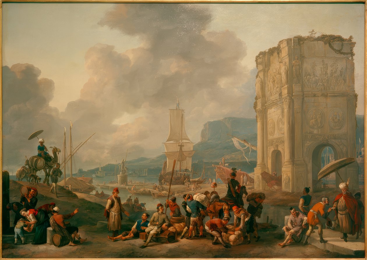 Capriccio italialaisesta satamasta Konstantinuksen kaaren kanssa tekijältä Johannes Lingelbach