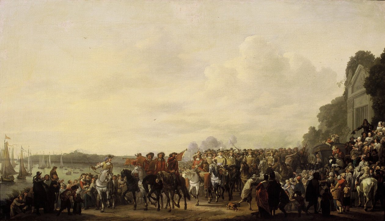 Kaarle II pysähtyy Weman kartanolla Rotten varrella matkallaan Rotterdamista Haagiin, 25. toukokuuta 1660 tekijältä Johannes Lingelbach