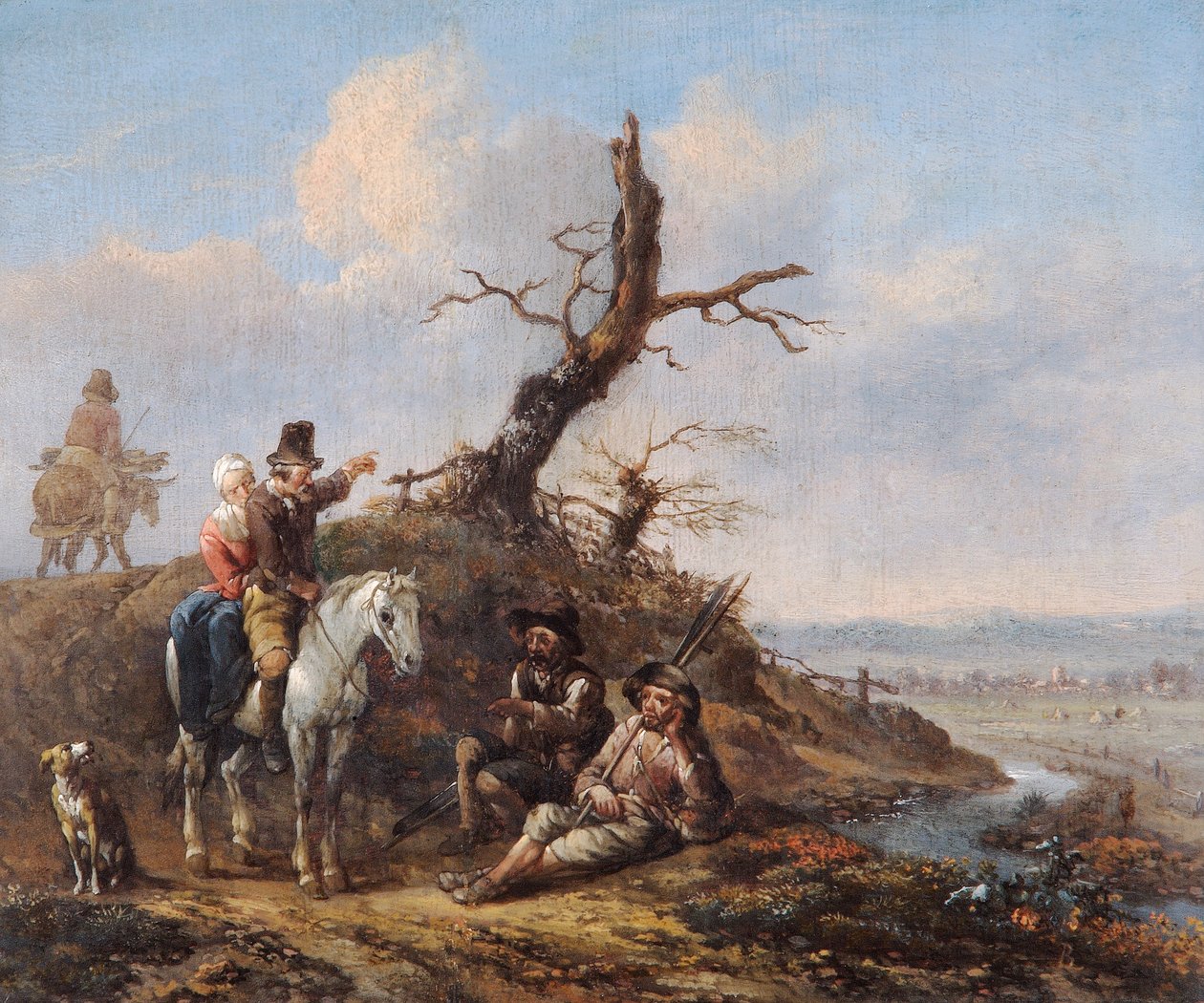Maisema, jossa matkustajat lepäävät ja pari hevosen selässä (öljy tammipaneelissa) tekijältä Johannes Lingelbach