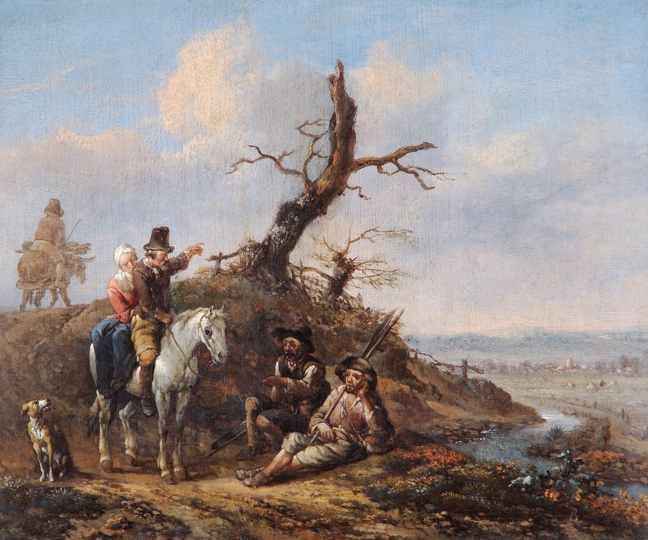 "Maisema, jossa matkustajat lepäävät ja pari hevosen selässä", 1600-luku tekijältä Johannes Lingelbach