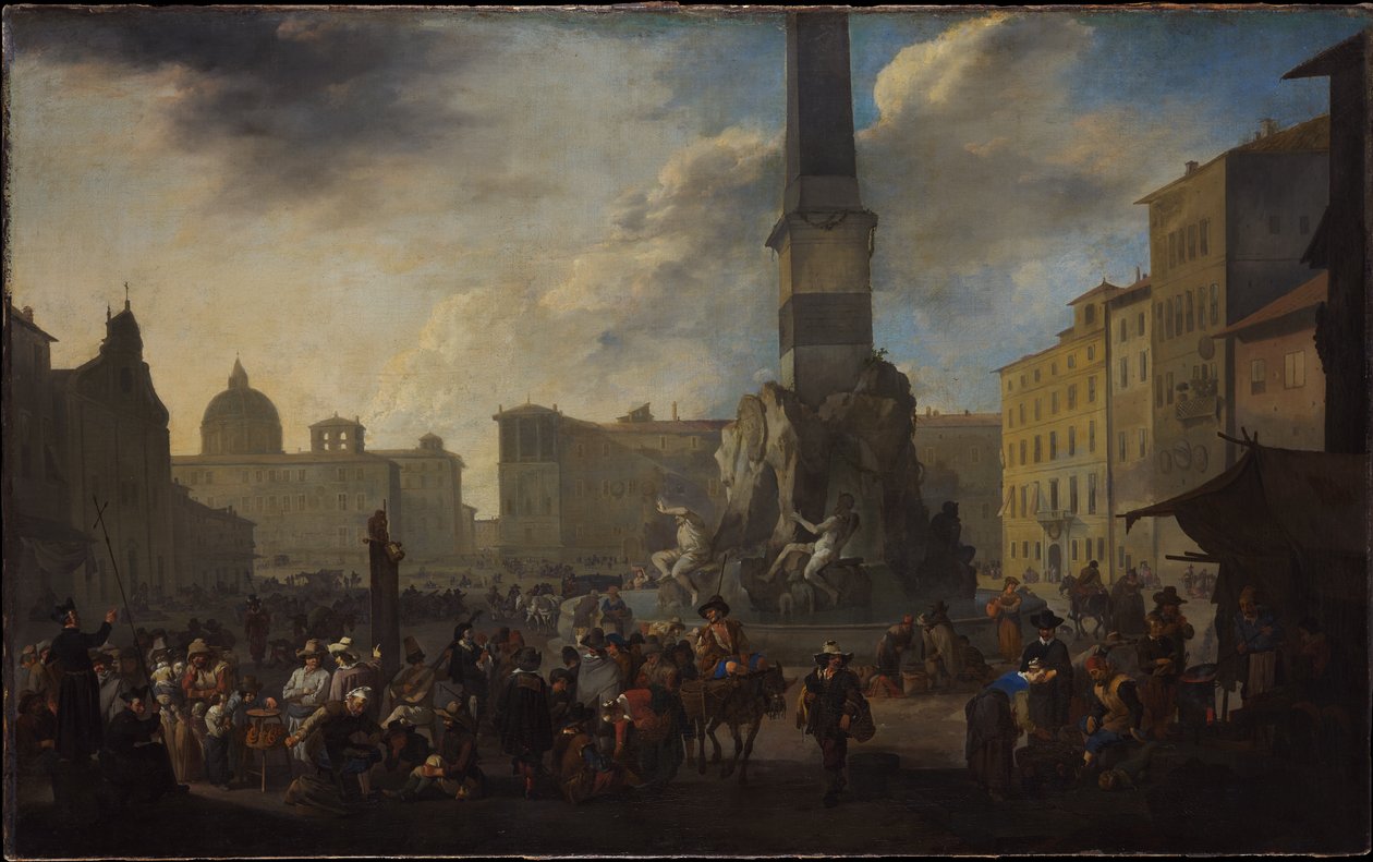 Roomalainen markkinakohtaus Piazza Navonalla tekijältä Johannes Lingelbach
