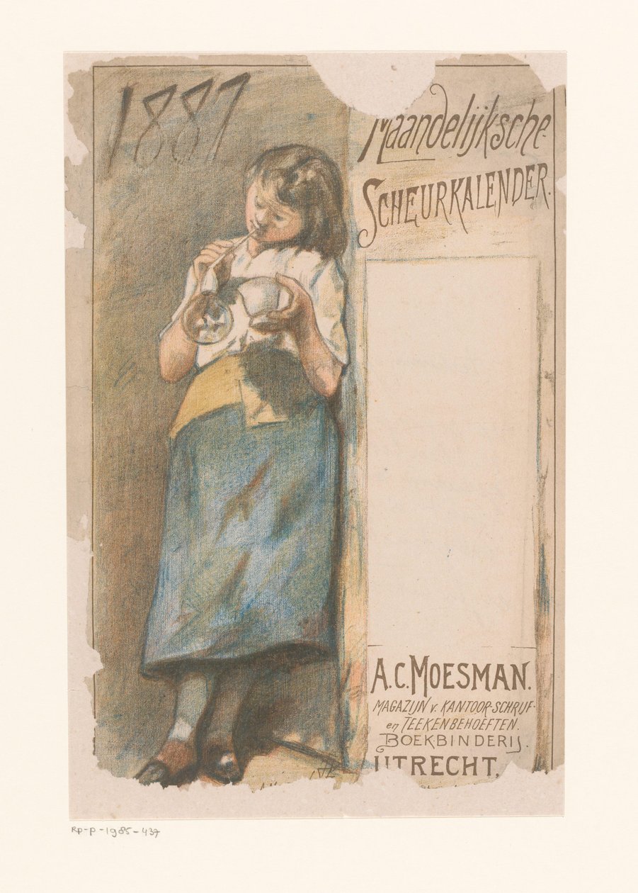 Repäistävä kalenteri kuplia puhaltavalla tytöllä Kuukauden kyynelkalenteri 1887 (otsikko esineessä) tekijältä Johannes Moesman