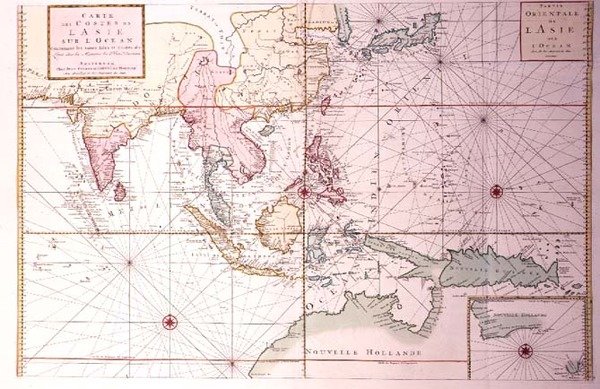 Rannikkokartta Luoteis-Intiasta Pohjois-Australiaan Japanin ja Filippiinien kautta, n. 1700 (värinen kaiverrus) tekijältä Johannes and Mortier Cornelis Covens