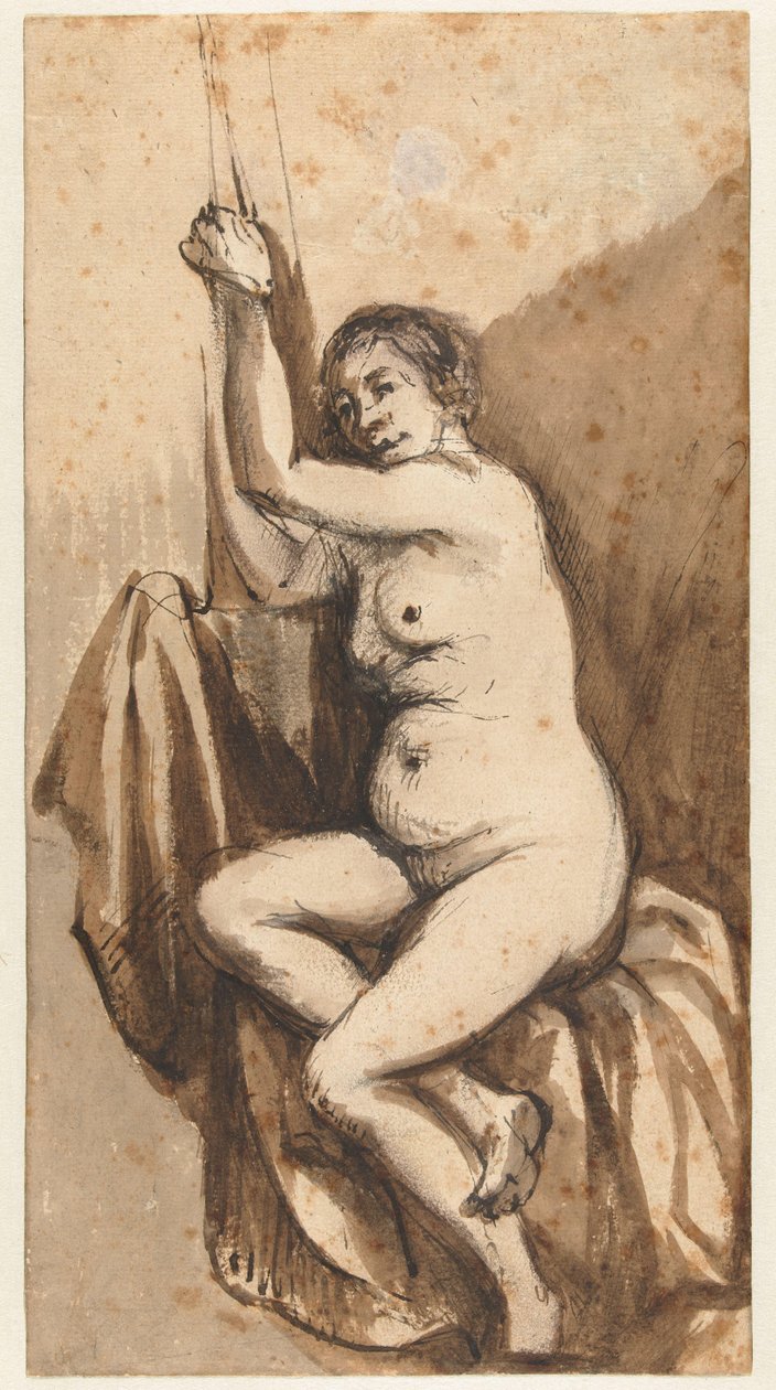 Istuva nainen alaston kädet kohotettuina tekijältä Johannes Raven (attributed to)