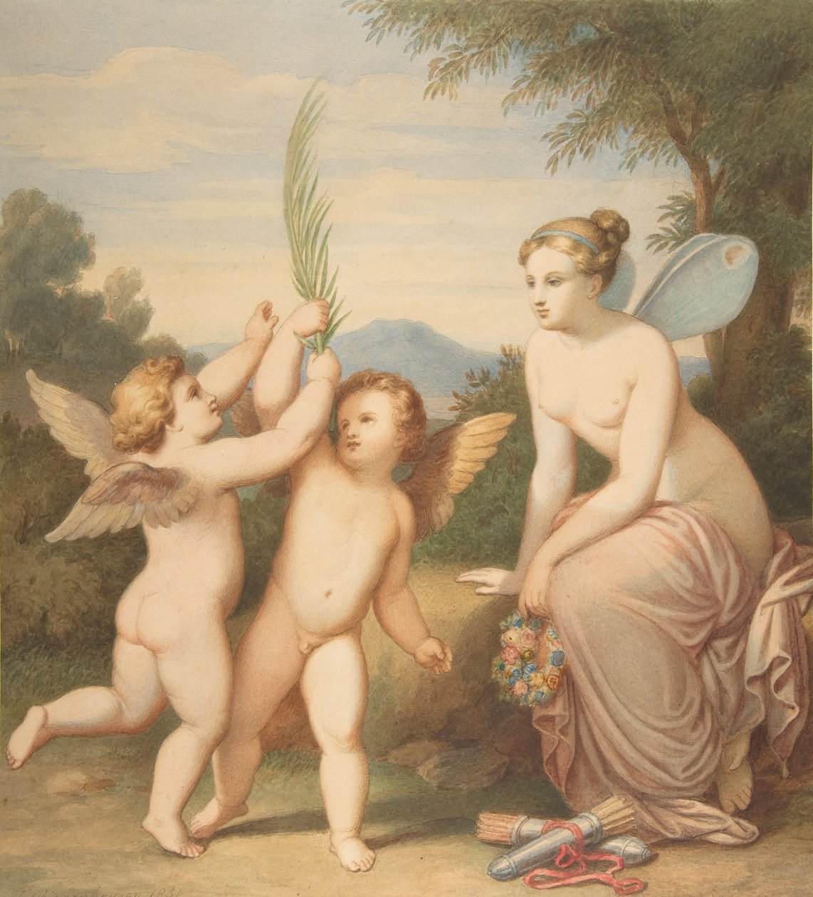 Eros ja Anteros psyyken kanssa katsomassa heitä, 1810-60. tekijältä Johannes Riepenhausen