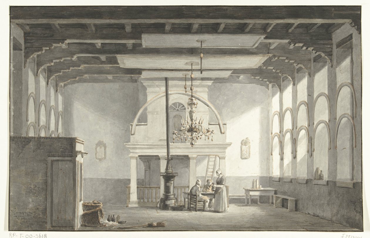 Dordrechtin Kloveniersdoelenin sali, jossa pidettiin kansallinen synodi vuosina 1618-1619, 1836 tekijältä Johannes Rutten (signed by artist)