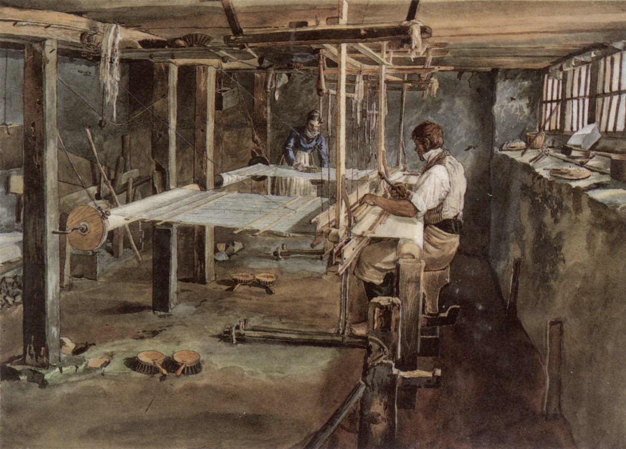 Appenzell-kutojapariskunta työskennellyt kutomakoneilla, noin 1830 tekijältä Johannes Schiess