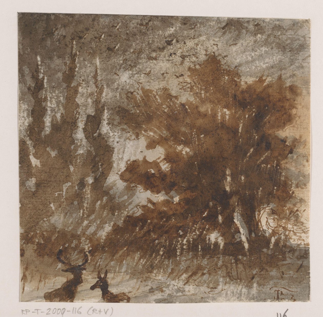 Peuroja ja lintuja korkeiden puiden lähellä tekijältä Johannes Tavenraat (signed by artist)