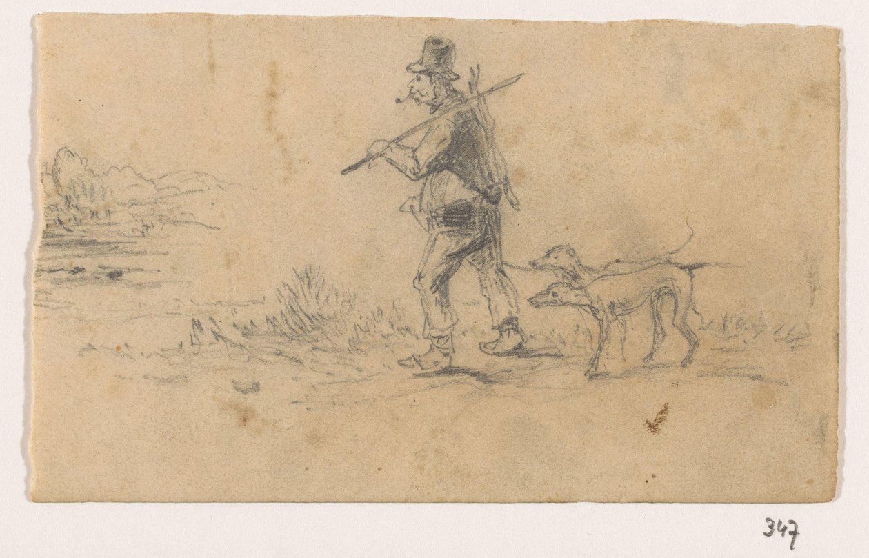 Hunter koirien kanssa ja jänis selässään tekijältä Johannes Tavenraat (signed by artist)
