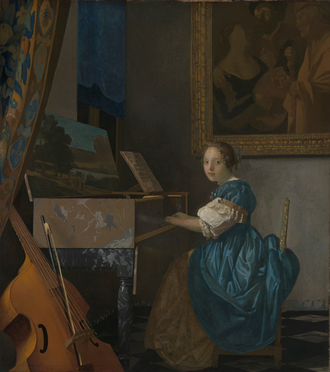 Eine junge Frau sitzt an einem Virginal tekijältä Johannes Vermeer