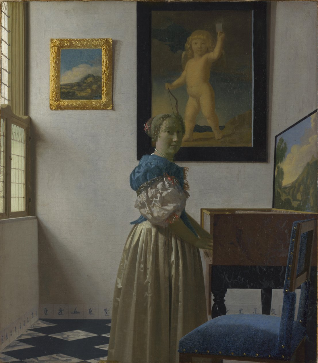 Nuori nainen seisoo neitsytkirkon ääressä tekijältä Johannes Vermeer