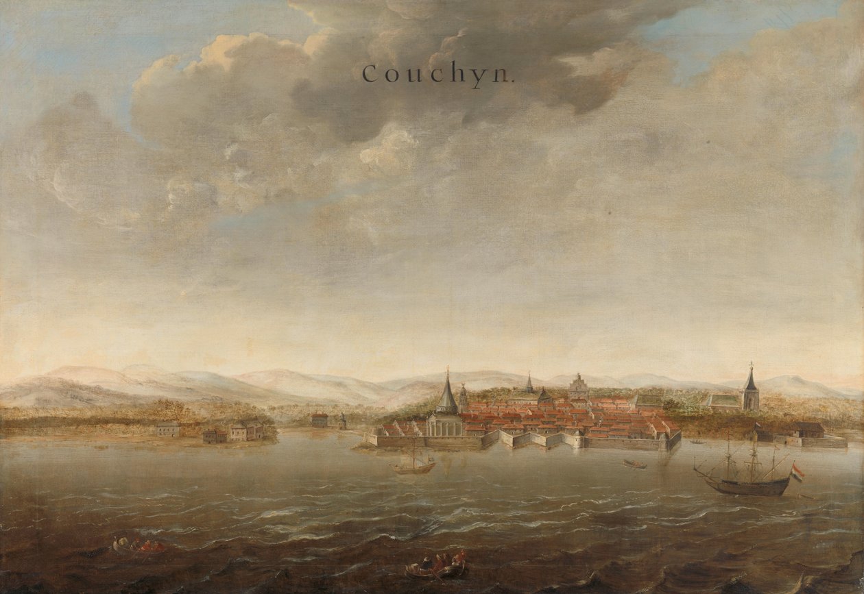 Näkymä Cochinista Intian Malabarin rannikolla Näkymä Cochinista Malabarin rannikolla Intiassa Couchyn (otsikko esineessä) tekijältä Johannes Vinckboons (attributed to)
