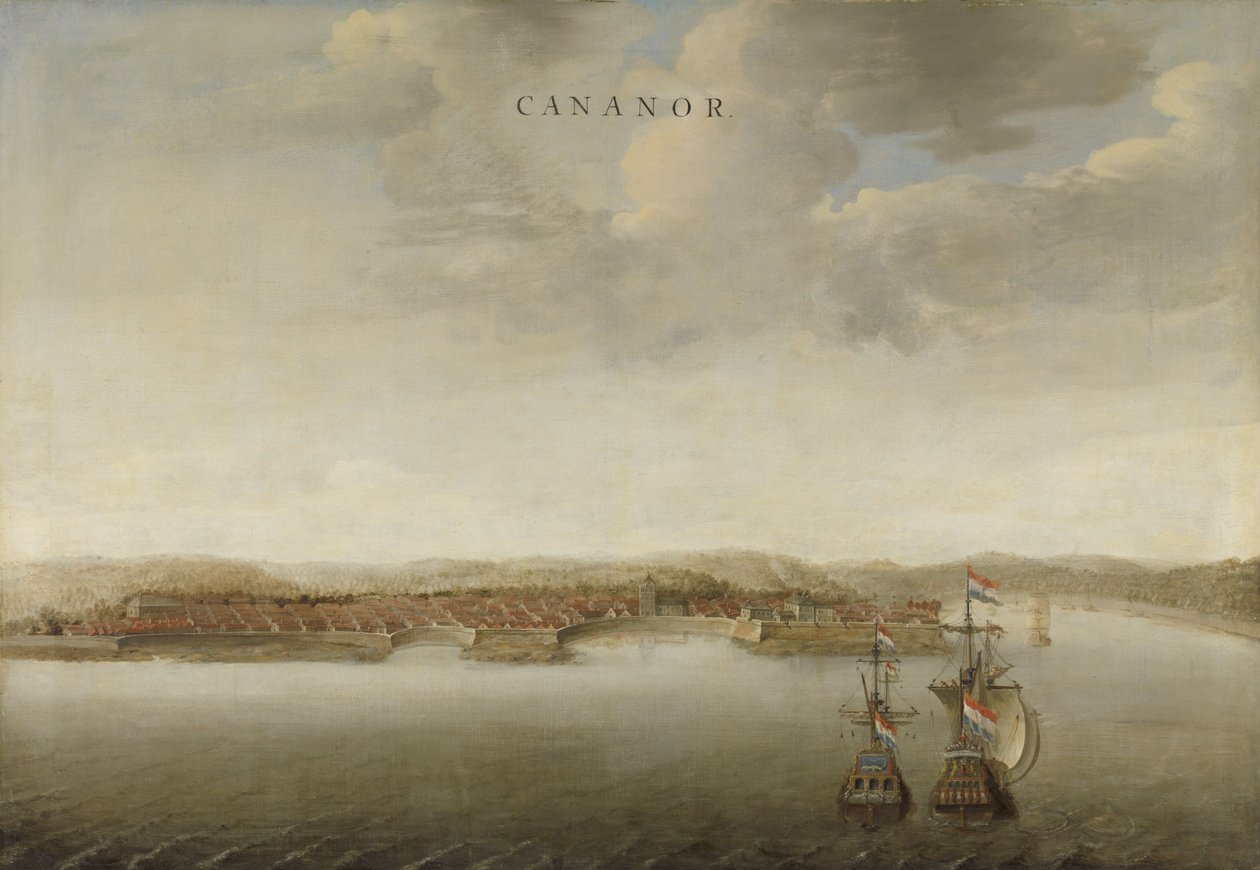 Näkymä Cannanoresta Malabarin rannikolla Intiassa, n. 1662-3 tekijältä Johannes Vinckeboons