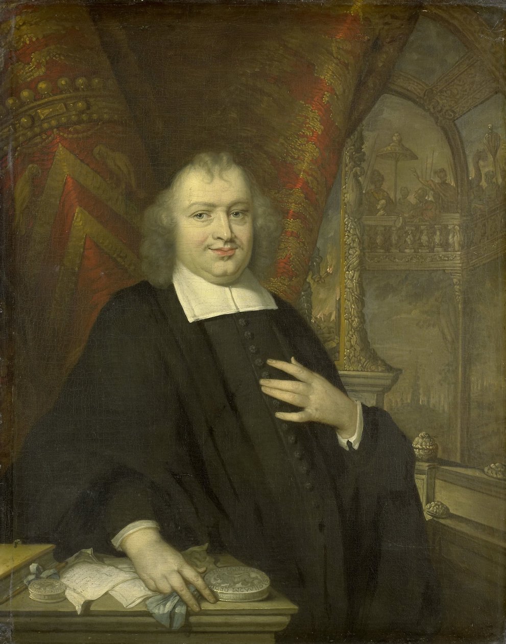 Muotokuva Gaspar Fagelista, Hollannin suuresta eläkeläisestä vuoden 1672 jälkeen taustalla on Hollannin valtioiden kokoussali Binnenhofissa Haagissa tekijältä Johannes Vollevens (I) (copy after)