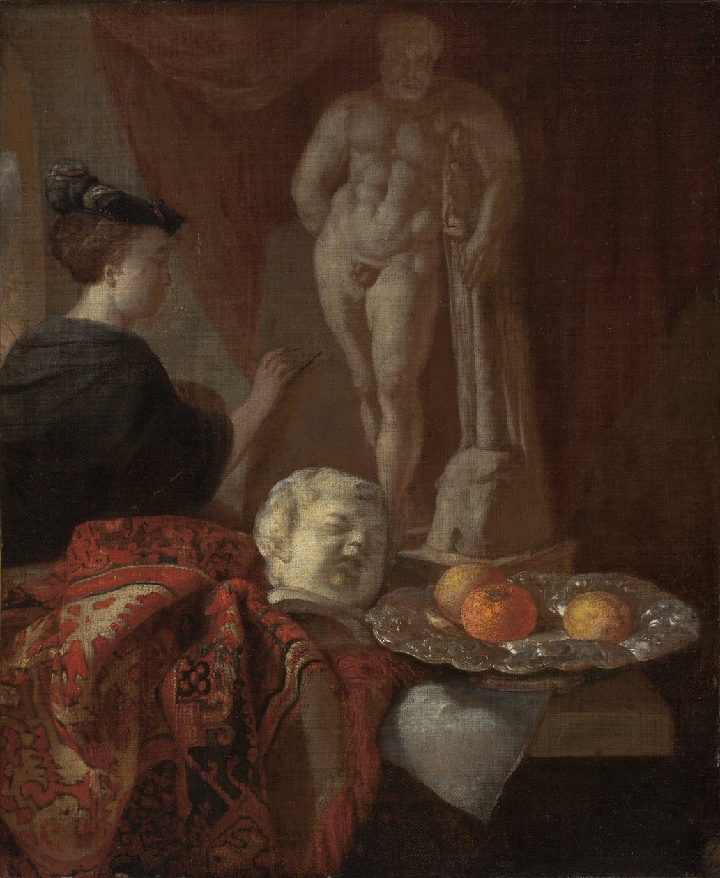 Asetelma ja nainen maalaustelineessä, 1600-luvun loppu tekijältä Johannes Voorhout