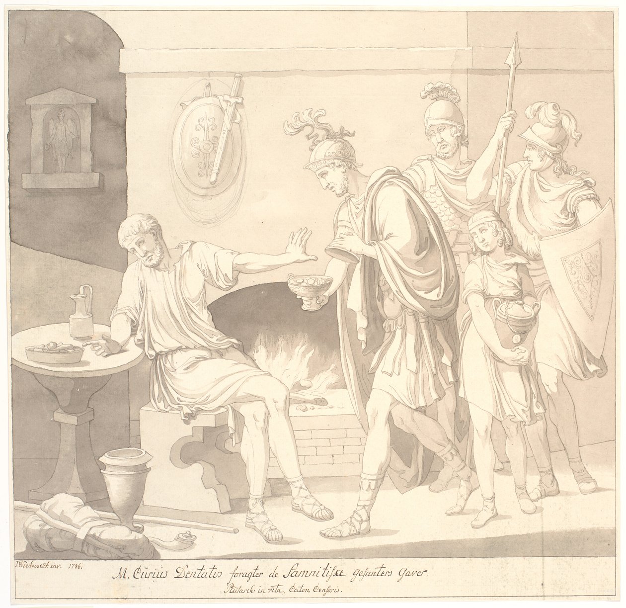 "M. Curius Dantatus foragter de Samnitiske Gesanters Gaver. / Plutach: in vita. Cato sensuuri." tekijältä Johannes Wiedewelt