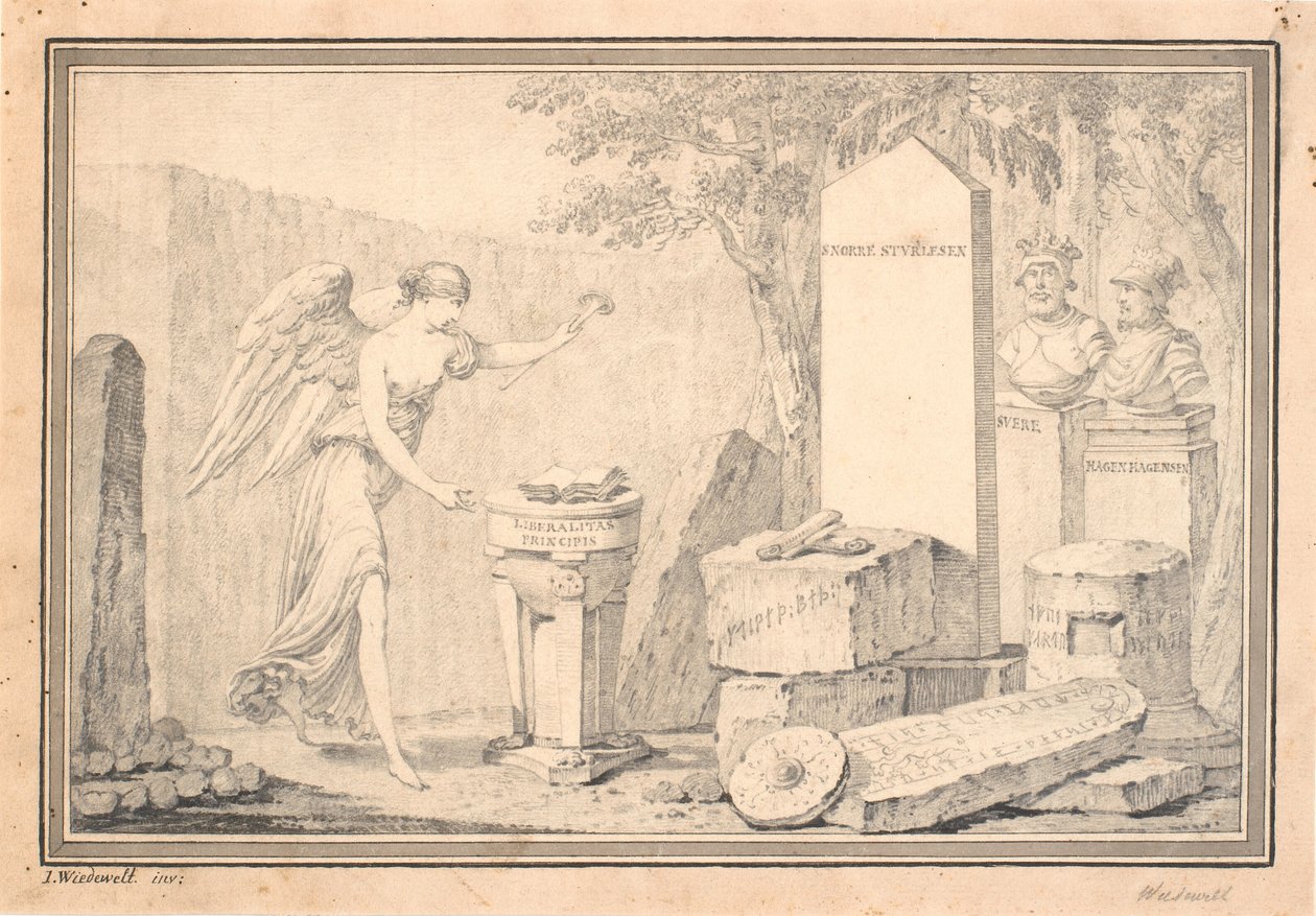 Nimivinjetti Snorri Sturlesonille (toim. G. Schiøning): Heimskringla, Vol. I, 1778 tekijältä Johannes Wiedewelt