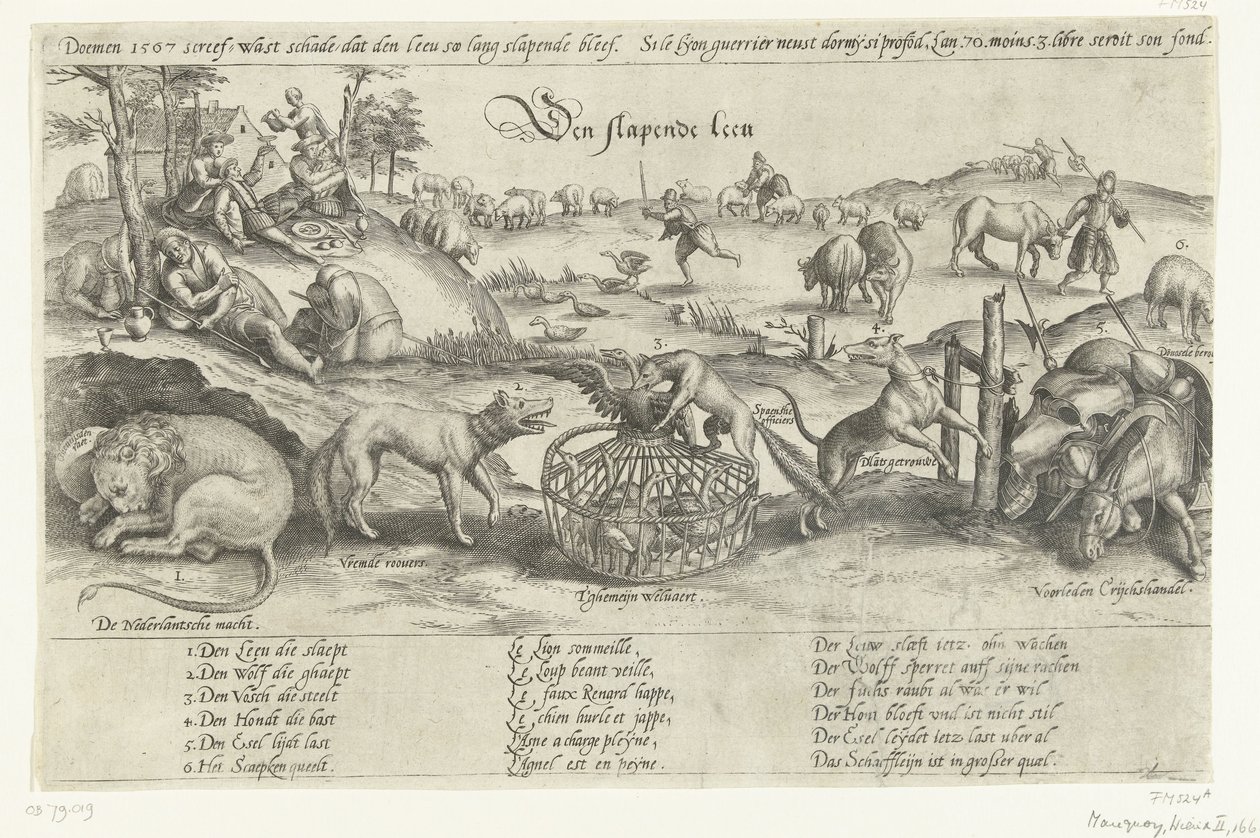 Nukkuva leijona, 1567 Nukkuva leijona (otsikko esineessä) Neljä allegoriaa vuosien 1576-1579 tapahtumista Alankomaissa (sarjan nimi) tekijältä Johannes Wierix (attributed to)