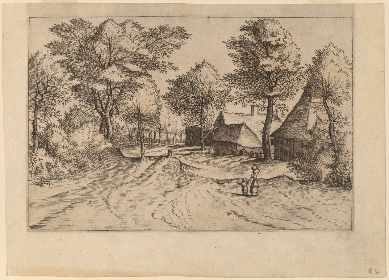 Village Road, jossa on maatila ja vajaita tekijältä Johannes and Lucas van Doetechum after Master of the Small Landscapes