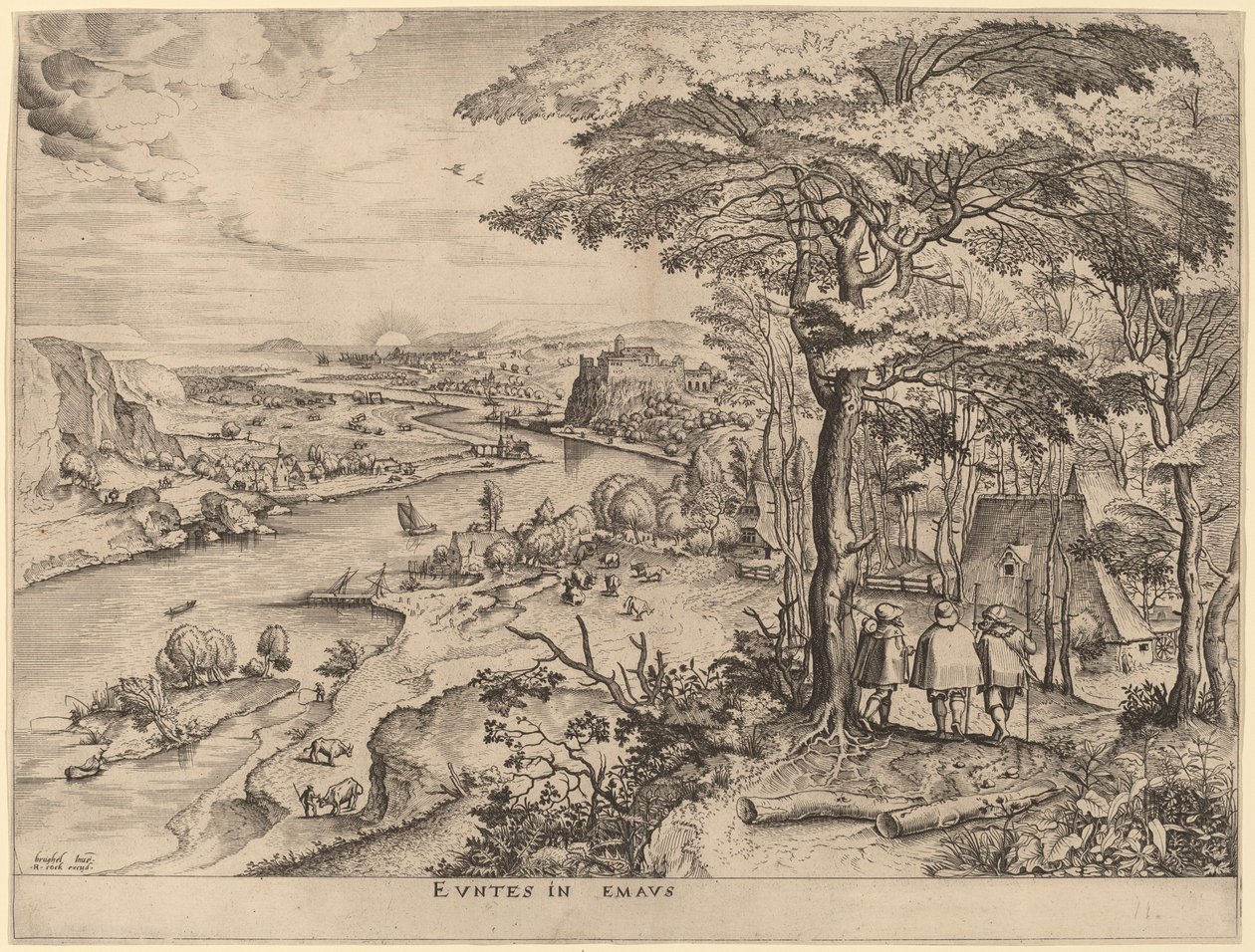 Emmauksen pyhiinvaeltajat tekijältä Johannes and Lucas van Doetechum after Pieter Bruegel the Elder