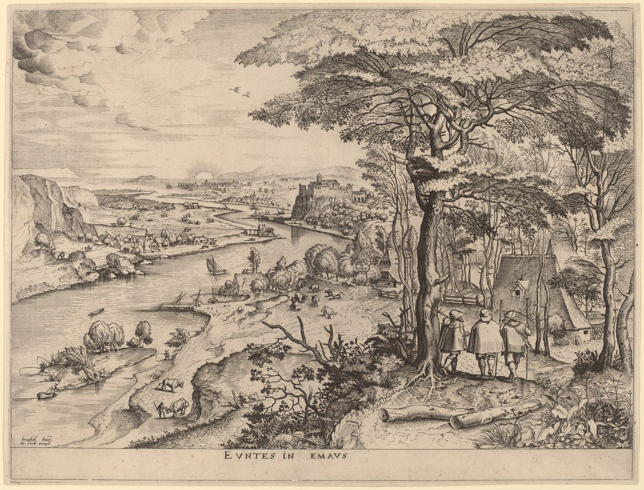 Pyhiinvaeltajat Emmaukseen tekijältä Johannes and Lucas van Doetechum after Pieter Bruegel the Elder
