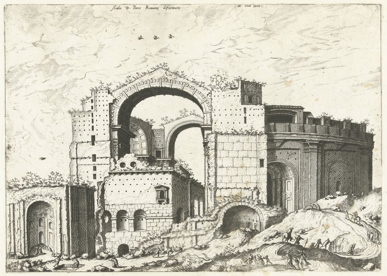 Gezicht op de Sint Pieter Roomassa Aedis D. Peter Romanan muodonmuutos (otsikko esineessä) Rooman rauniot, 1561 (sarjan nimi) tekijältä Johannes of Lucas van Doetechum (attributed to)