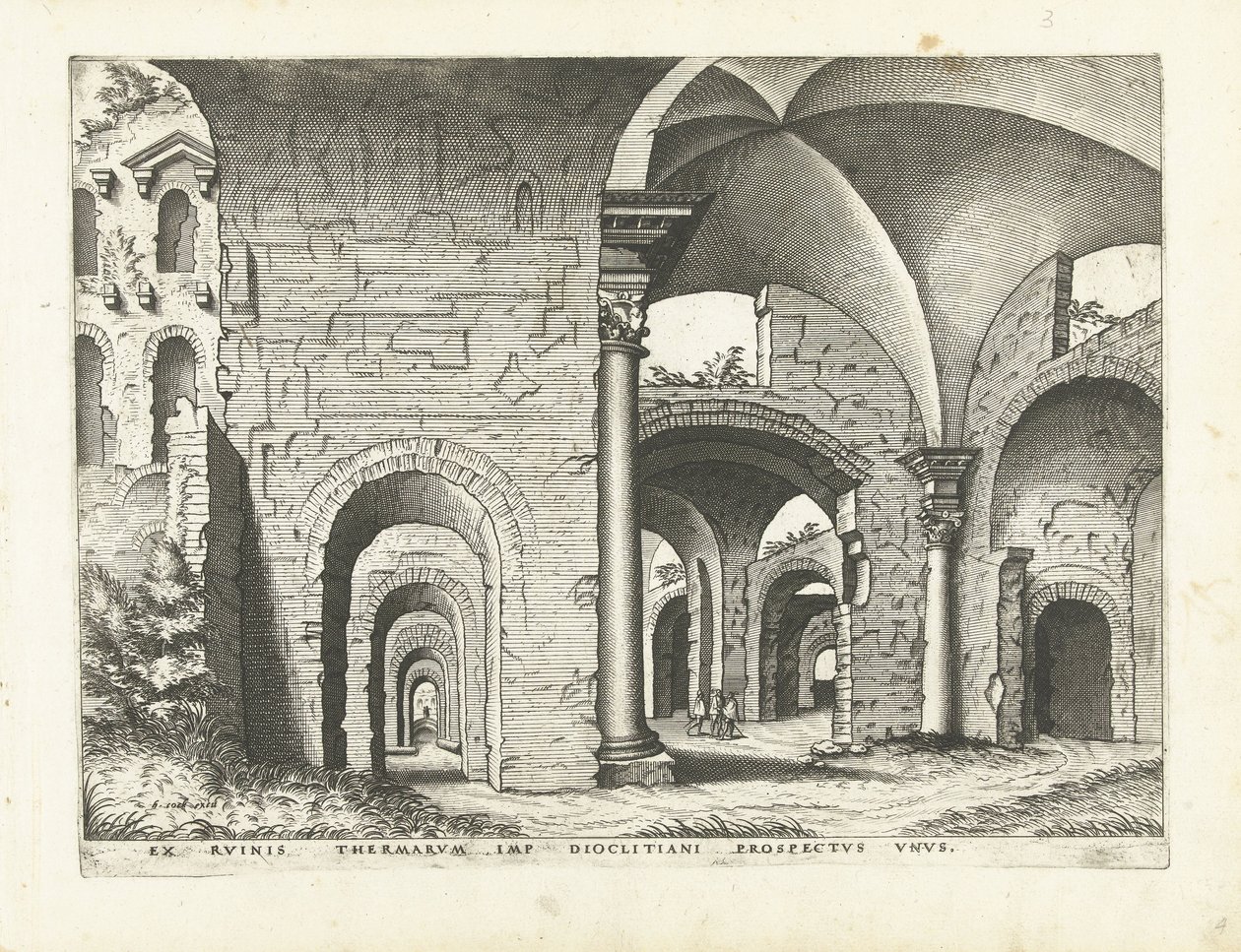 Näkymä Diocletianuksen kylpylöille Rooman rauniot, 1561 (sarjan nimi) tekijältä Johannes of Lucas van Doetechum (attributed to)