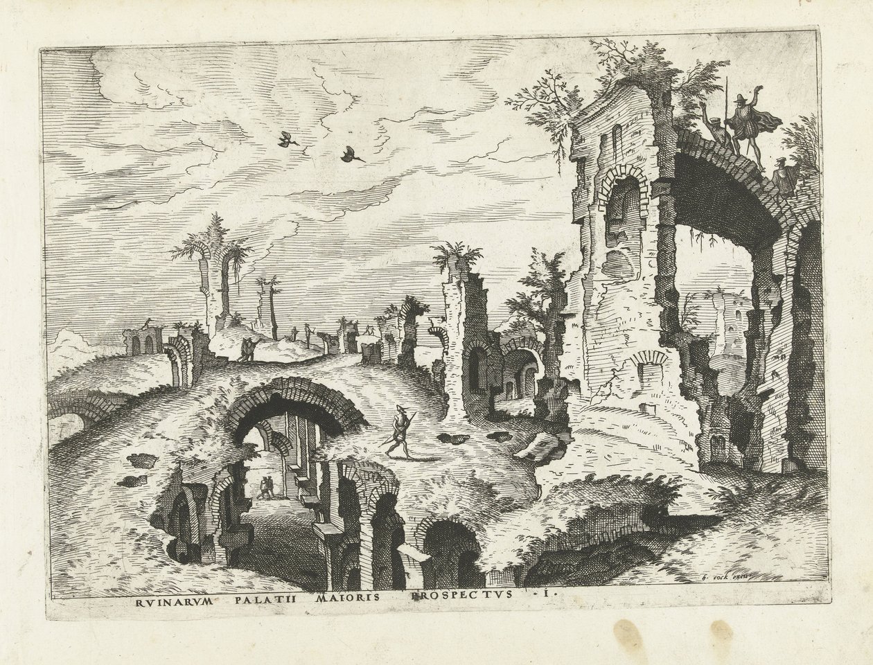 Näkymä Palatinus-kukkulan raunioille Rooman rauniot, 1561 (sarjan nimi) tekijältä Johannes of Lucas van Doetechum (attributed to)