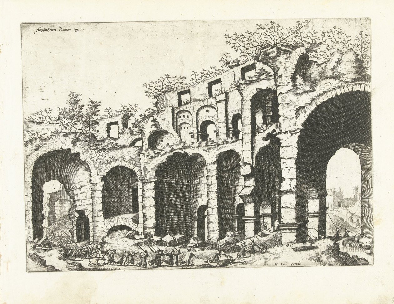 Näkymä amfiteatterista, luultavasti Colosseumista Rooman rauniot, 1561 (sarjan nimi) tekijältä Johannes of Lucas van Doetechum (attributed to)