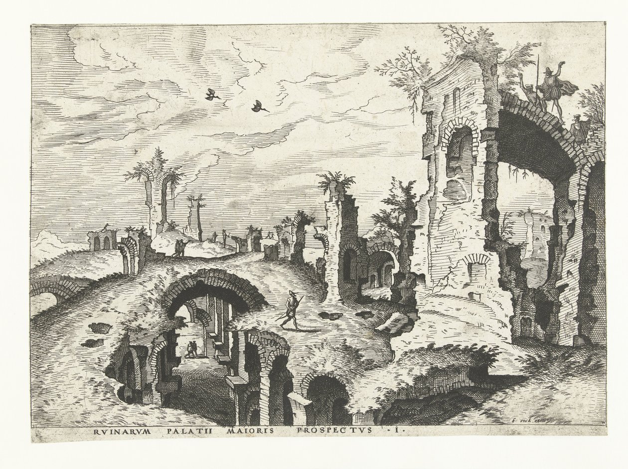 Näkymä raunioille Palatinuksen kukkulalla Roomassa Rooman rauniot, 1561 (sarjan nimi) tekijältä Johannes of Lucas van Doetechum (attributed to)