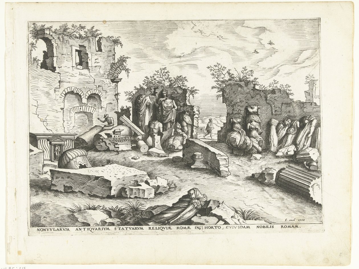 Puutarha, jossa on antiikkipatsaita Rooman rauniot, 1561 (sarjan nimi) tekijältä Johannes of Lucas van Doetechum (attributed to)