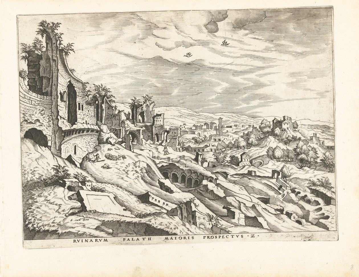 Toinen näkymä Palatinuksen kukkulalle Roomassa Rooman rauniot, 1561 (sarjan nimi) tekijältä Johannes of Lucas van Doetechum (attributed to)