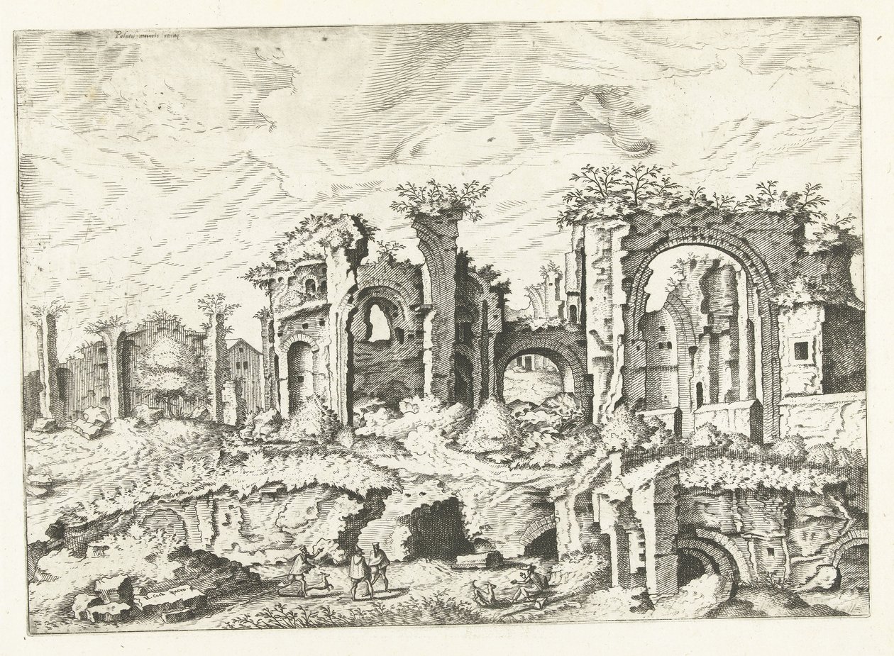 Neljäs näkymä Palatinus-kukkulan raunioista Rooman rauniot, 1561 (sarjan nimi) tekijältä Johannes of Lucas van Doetechum (attributed to)