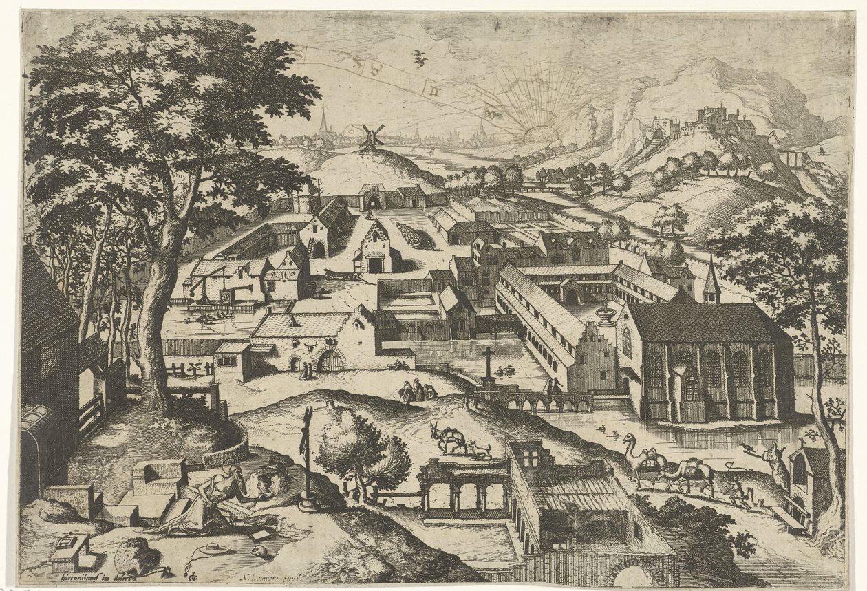 Maisema Saint Jerome kanssa hieronimus in deserto (otsikko esineessä) Maisemat kristillisillä tarinoilla (sarjan nimi) tekijältä Johannes of Lucas van Doetechum