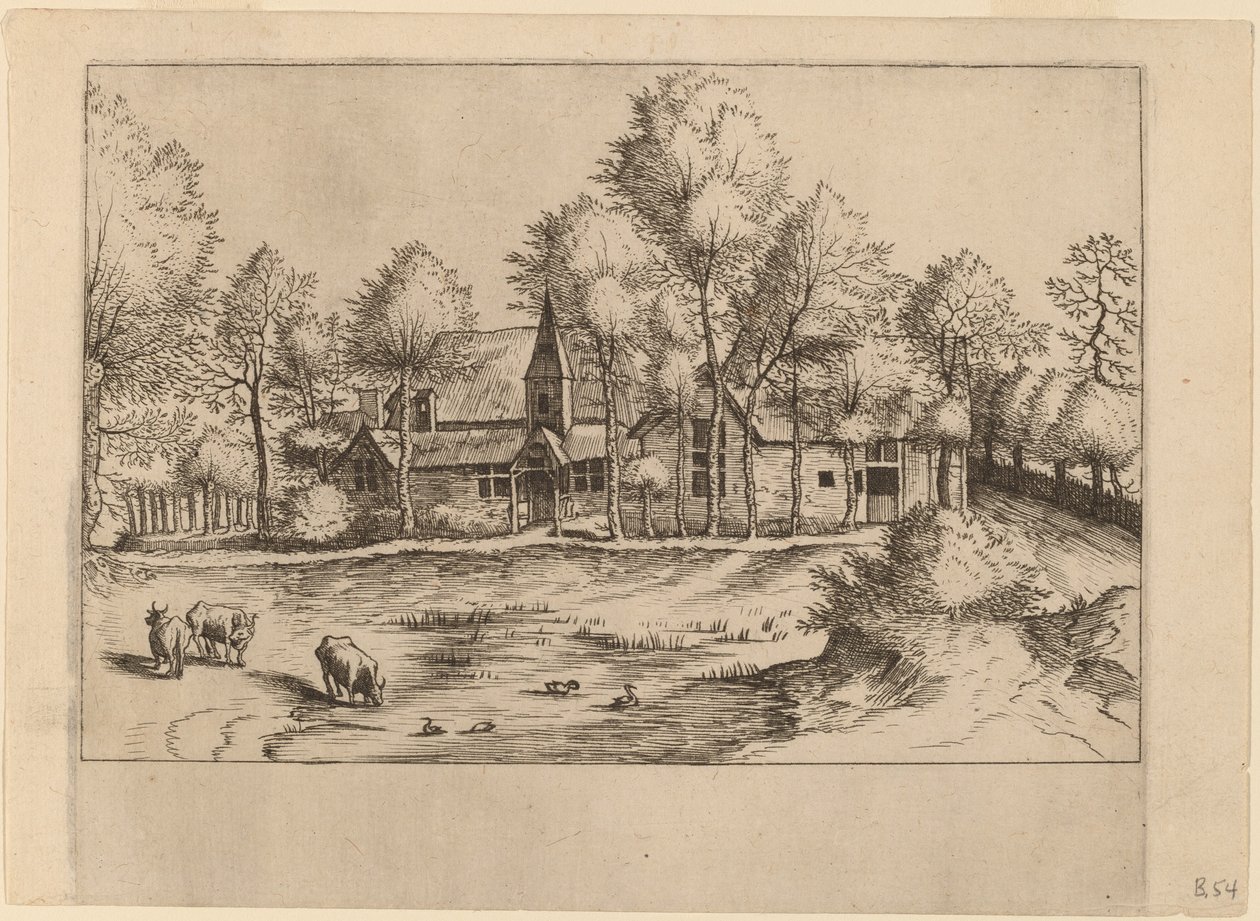 Maalaiskylä kirkon kanssa tekijältä Johannes van Doetechum, the Elder and Lucas