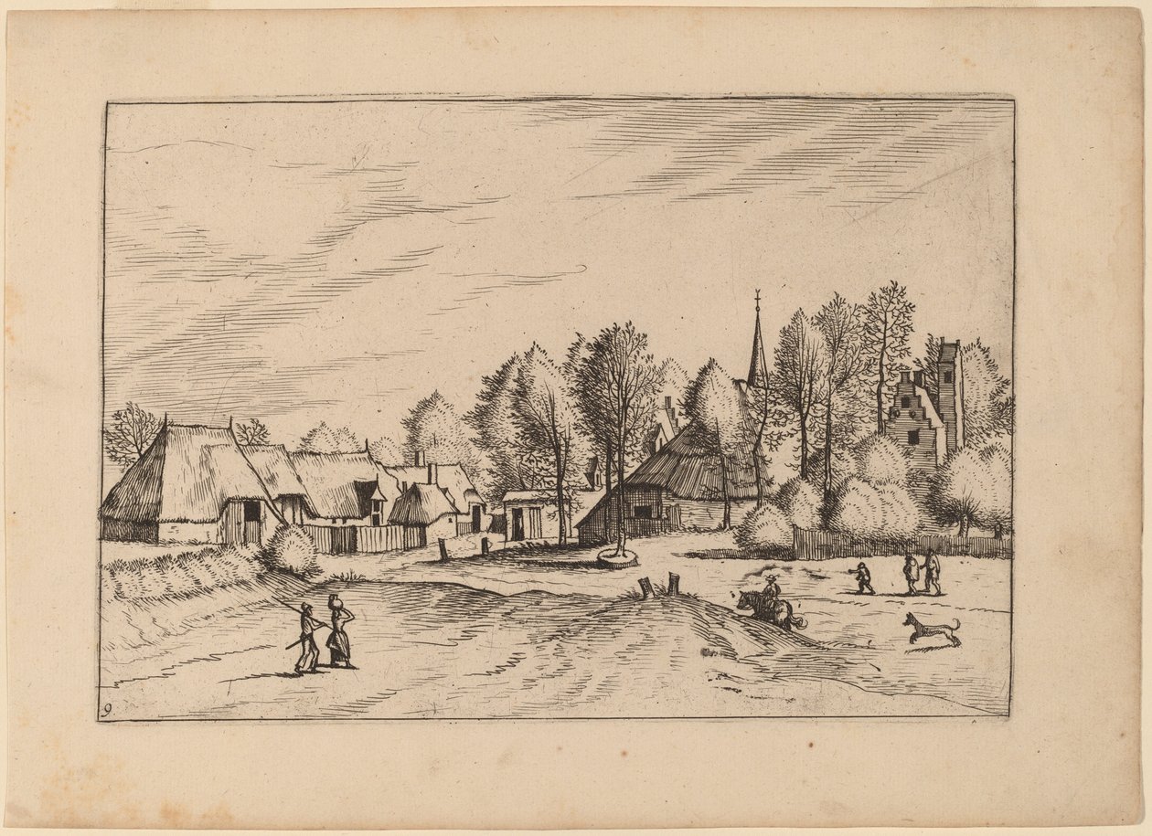 Maaseutukylä kirkkotornilla tekijältä Johannes van Doetechum, the Elder and Lucas
