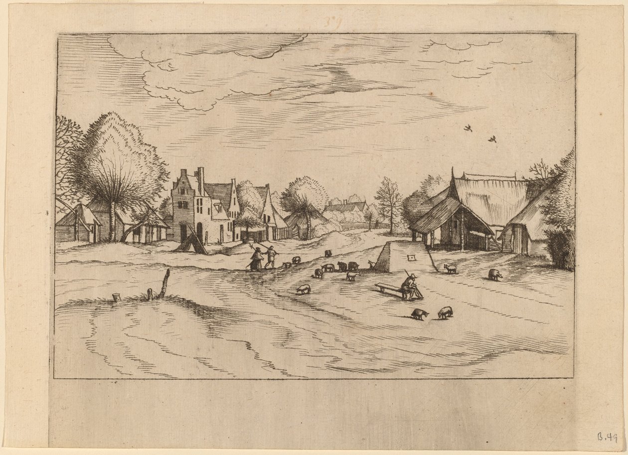 Maalaiskylä lampaiden ja istuvan paimenen kanssa tekijältä Johannes van Doetechum, the Elder and Lucas