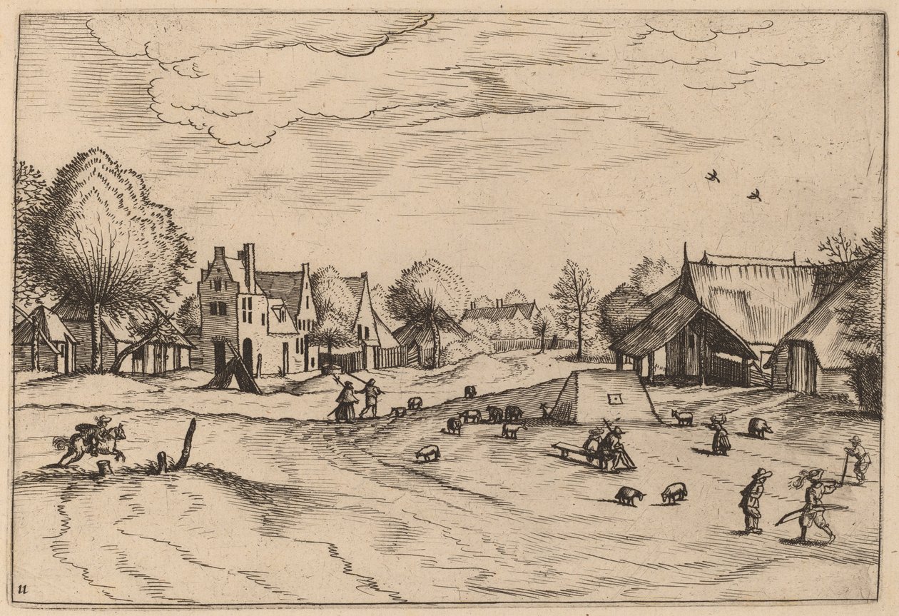 Maalaiskylä lampaiden ja istuvan paimenen kanssa tekijältä Johannes van Doetechum, the Elder and Lucas