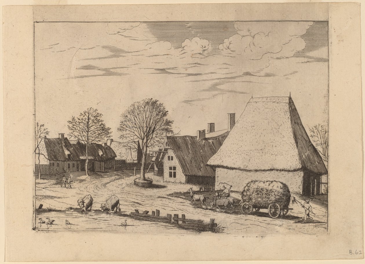 Village Street heinäkärryillä tekijältä Johannes van Doetechum, the Elder and Lucas