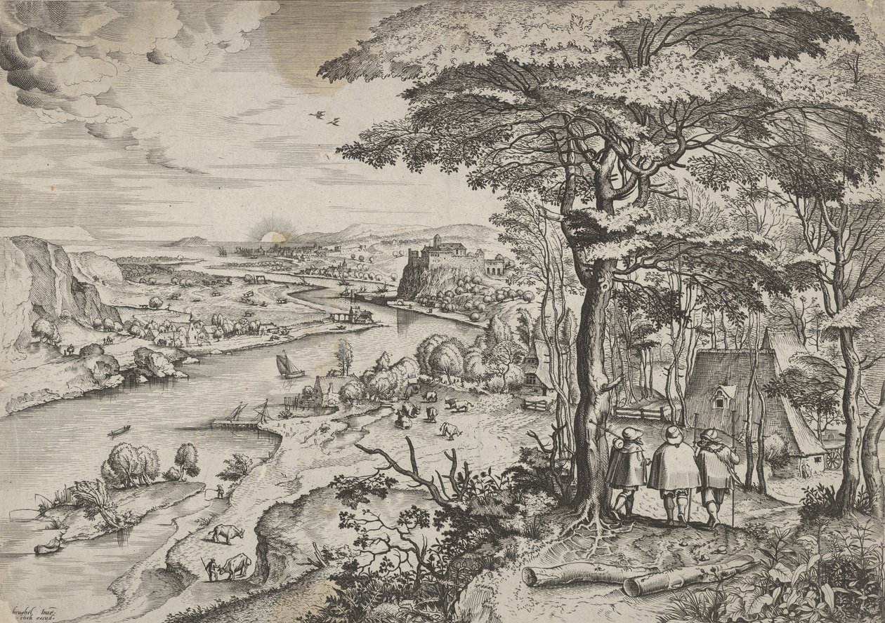 Matkalla Emmauksen maisemaan pyhiinvaeltajien kanssa Emmauksessa, n. 1555-56. Tekijät: Johannes van Doetecum I, Lucas van Doetecum. tekijältä Johannes and Lucas van Doetecum