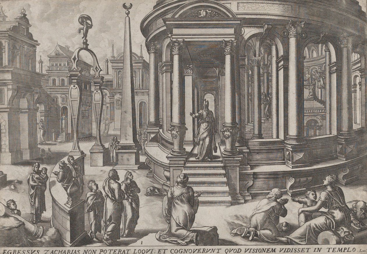 Zacharias Stepping out of the Temple, sarjasta Tapahtumat temppelissä ja sen ympäristössä,..., noin. 1572. Tekijät: Johannes van Doetecum I, Lucas van Doetecum. tekijältä Johannes and Lucas van Doetecum